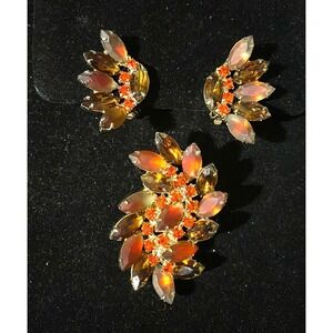 1960's Vintage Rhinestone Pin & Earrings Set Orange Amber